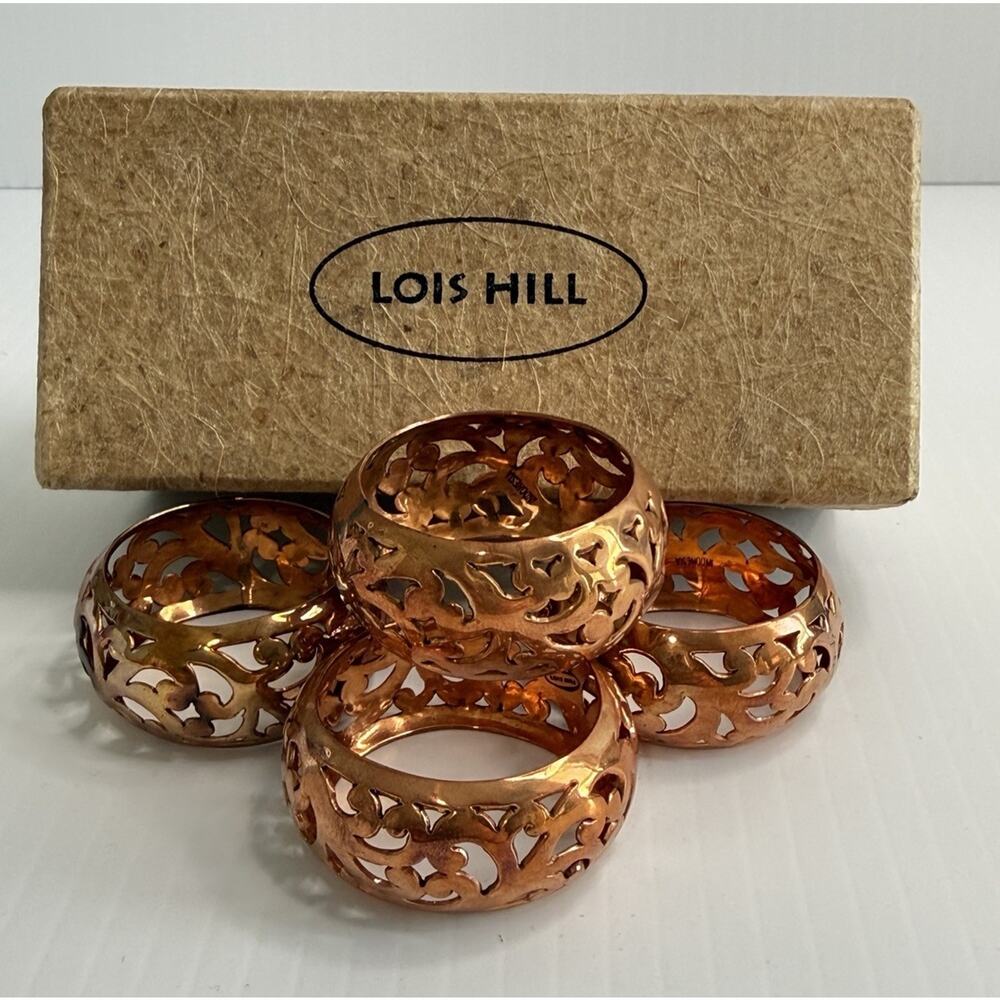 Vtg Lois Hill Polished Brass Copper Napkin Rings Boxed Set Filigree Cut Out Read